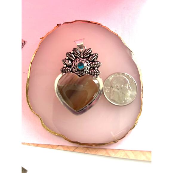 925 Sterling Jasper & Blue Topaz  Heart  Pendant - Picture 5 of 5